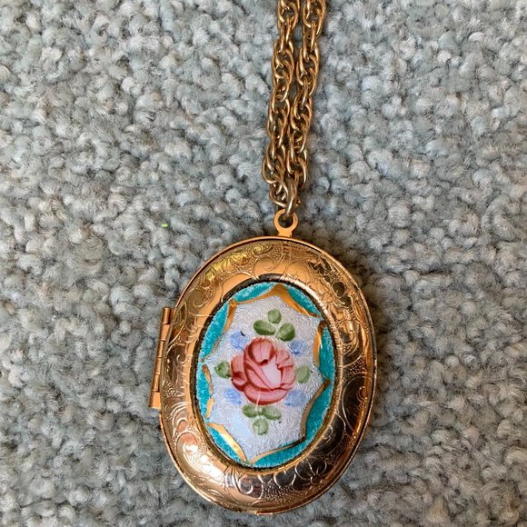 Jewelry - Large 2" Locket On Long Chain; Rose & Scroll Design
